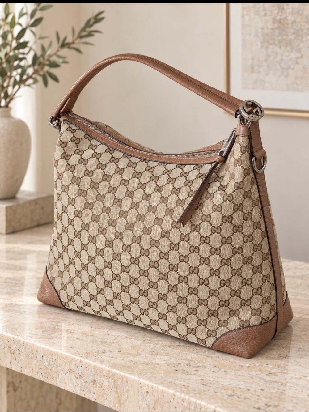 Gucci GG Canvas Twins Hobo Shoulder Bag Brown Leather Interlocking G Charm